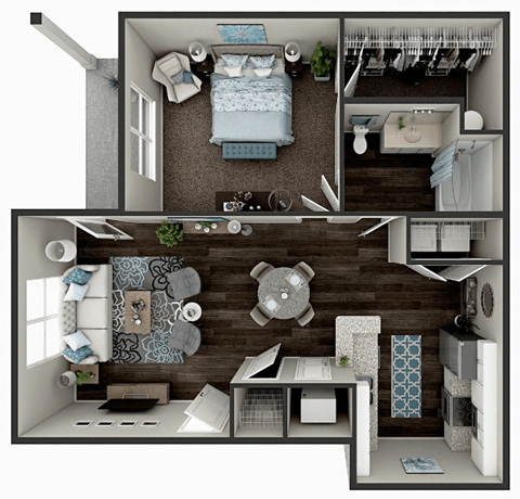 a stylized floor plan with a bedroom and a bathroom